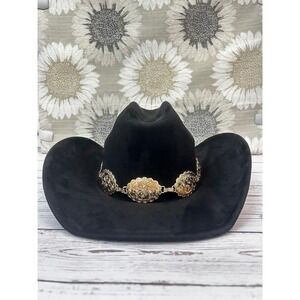 ILLUMA Black Felt Cowboy Hat with Gold‎ Floral Concho Chain Band Western Boho